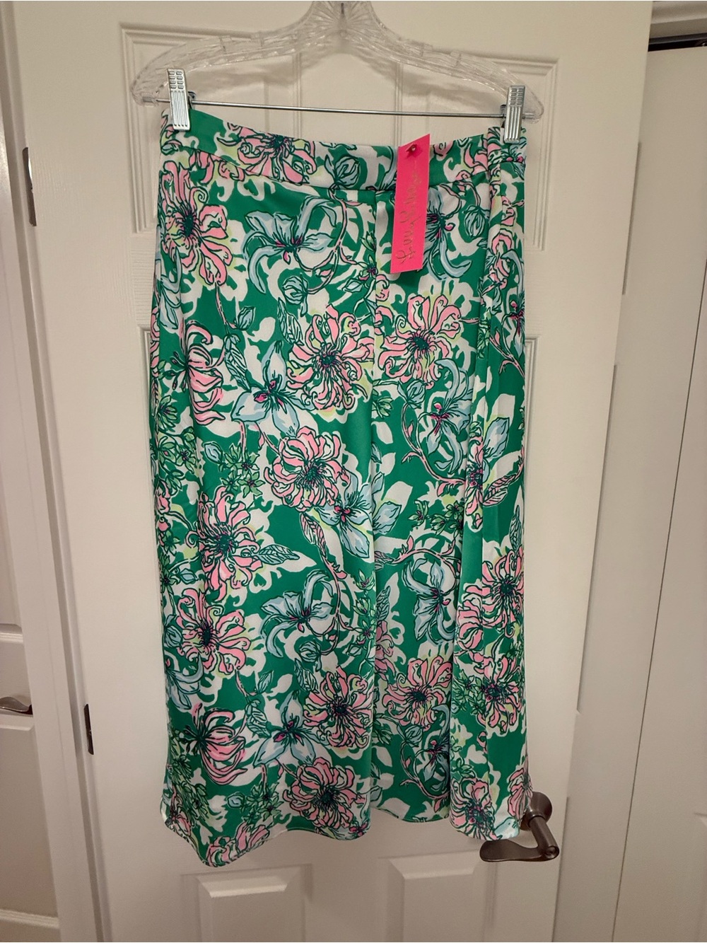 Lilly Pulitzer Green Floral Midi Skirt with Pink & White Blooms